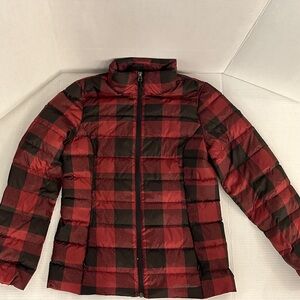 Eddie Bauer650  Red and Black Plaid Puffer Jacket Womens Small Like New